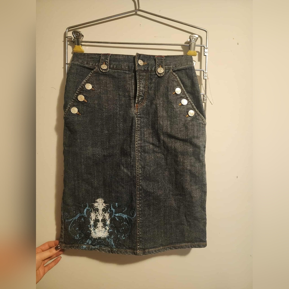 Twice Shy Organic Denim Knee Length Small Y2K Womens Skirt Buttons Blue Detail